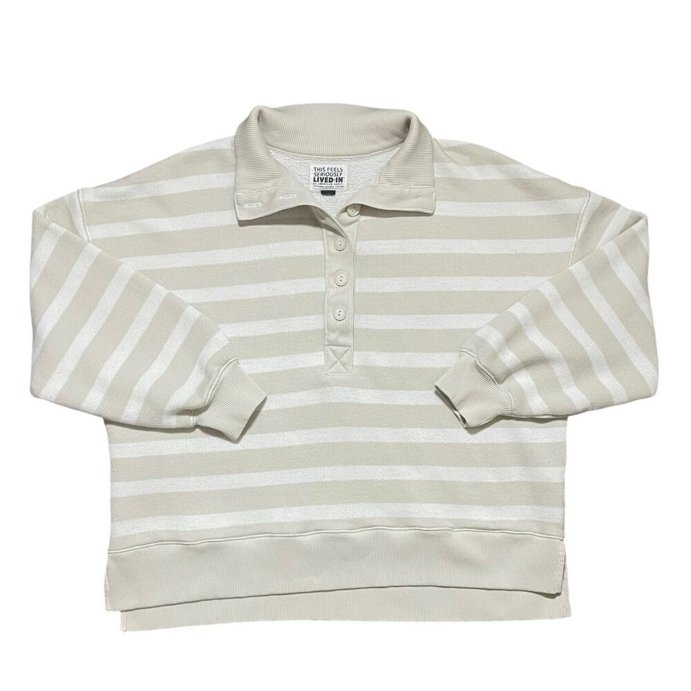 AE Big Hug Henley Sweatshirt Striped Neutral Oversized Small Cozy - Picture 9 of 13